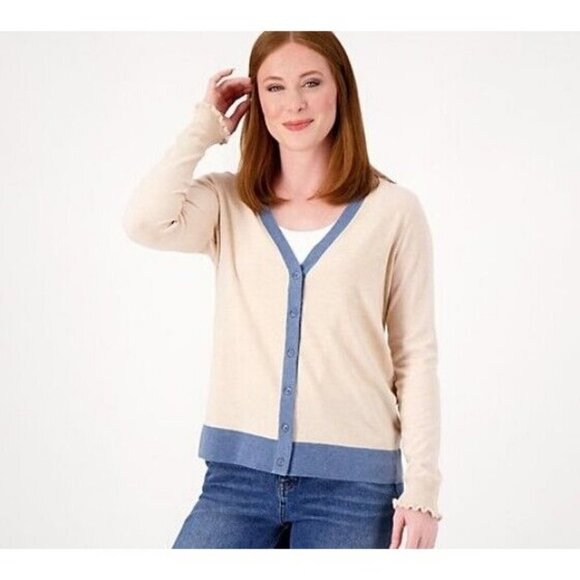Candace Cameron Bure Surfside Button-Front V-Neck Cardigan OtmealHtr/Blue 5X - Picture 1 of 1